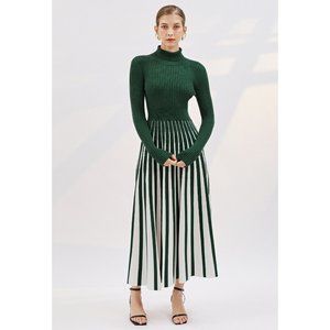 NWT STRIPE PRINT TURTLENECK KNIT MIDI DRESS IN DARK GREEN